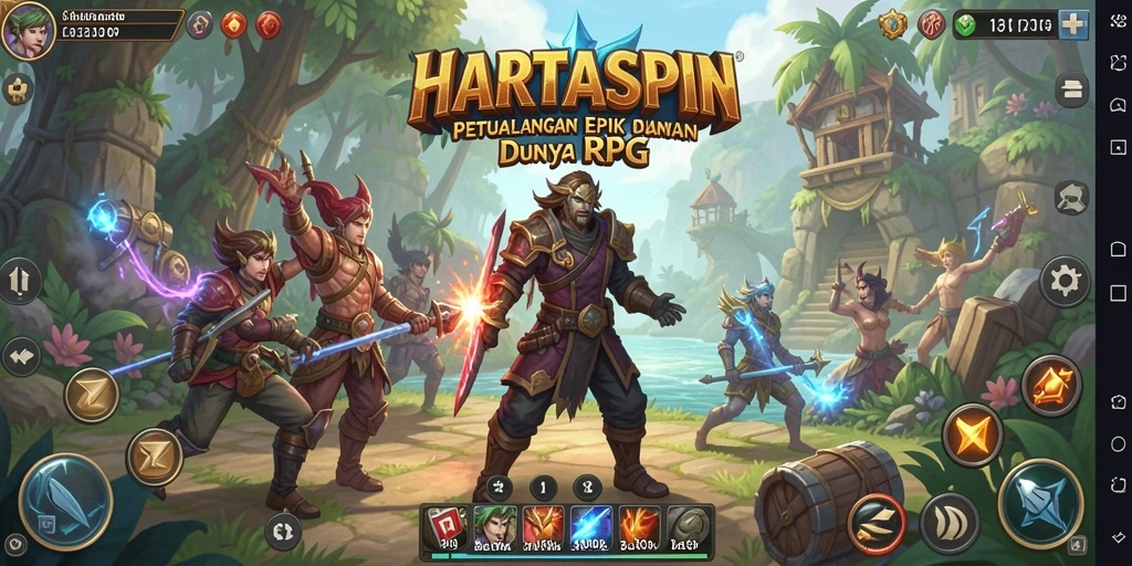 Tangkapan layar utama HARTASPIN menampilkan aksi petualangan RPG yang mendebarkan.